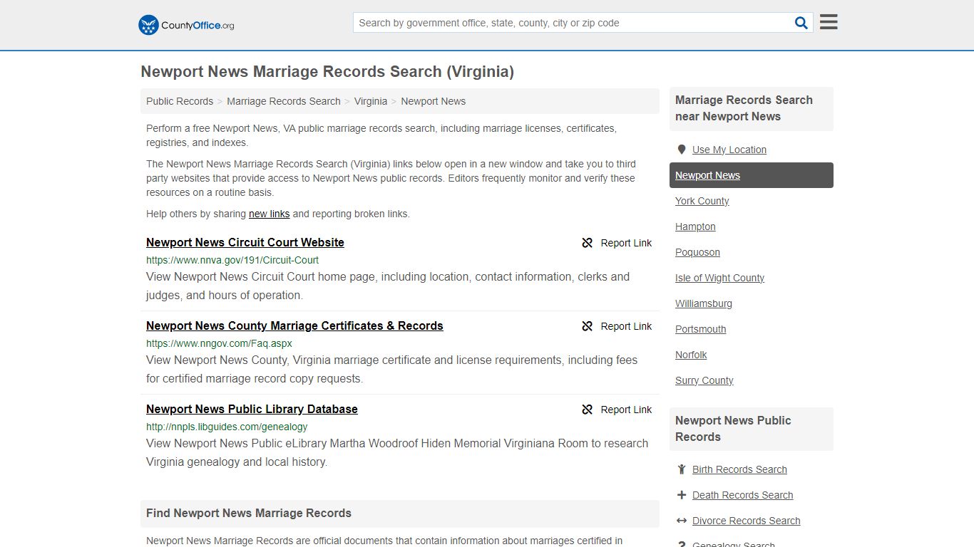 Newport News Marriage Records Search (Virginia) - County Office