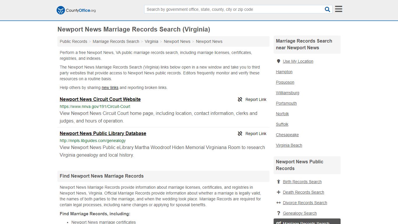 Newport News Marriage Records Search (Virginia) - County Office