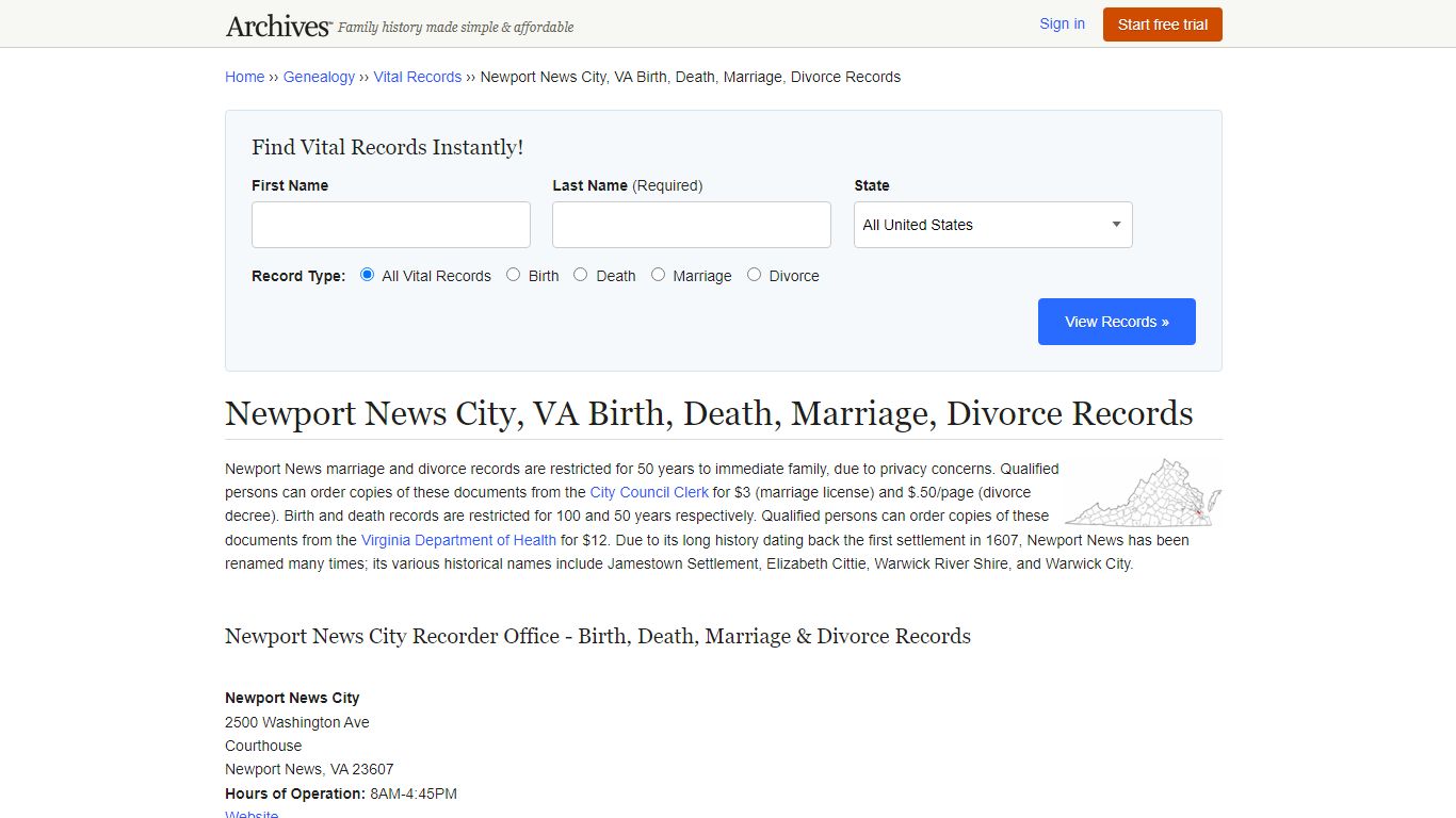 Newport News City, VA Birth, Death, Marriage, Divorce Records
